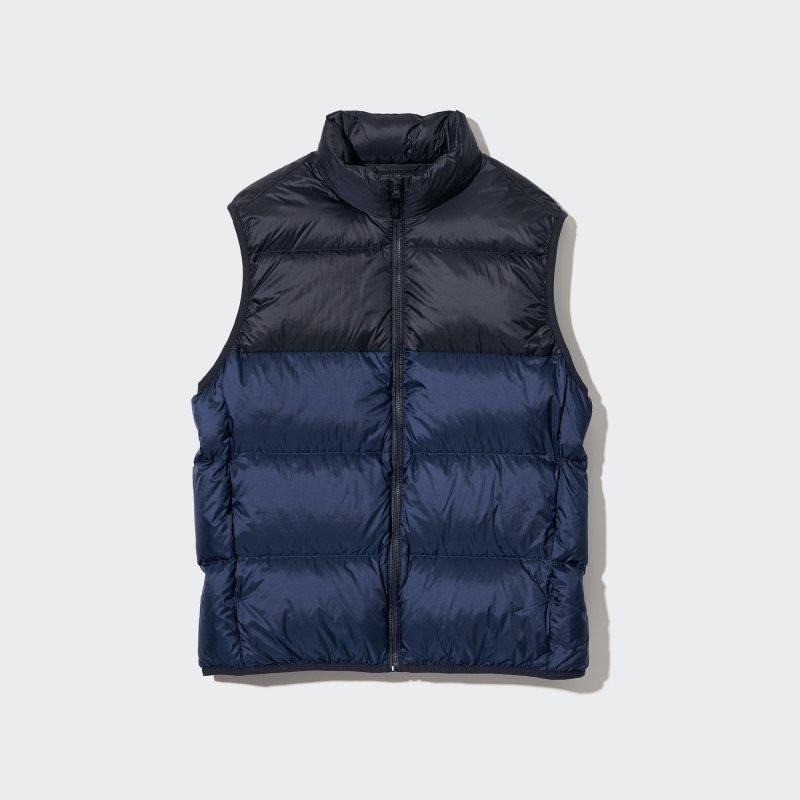 Navy Uniqlo Ultra Light Down Wide Quilt Color Block Men Vest | 7750433