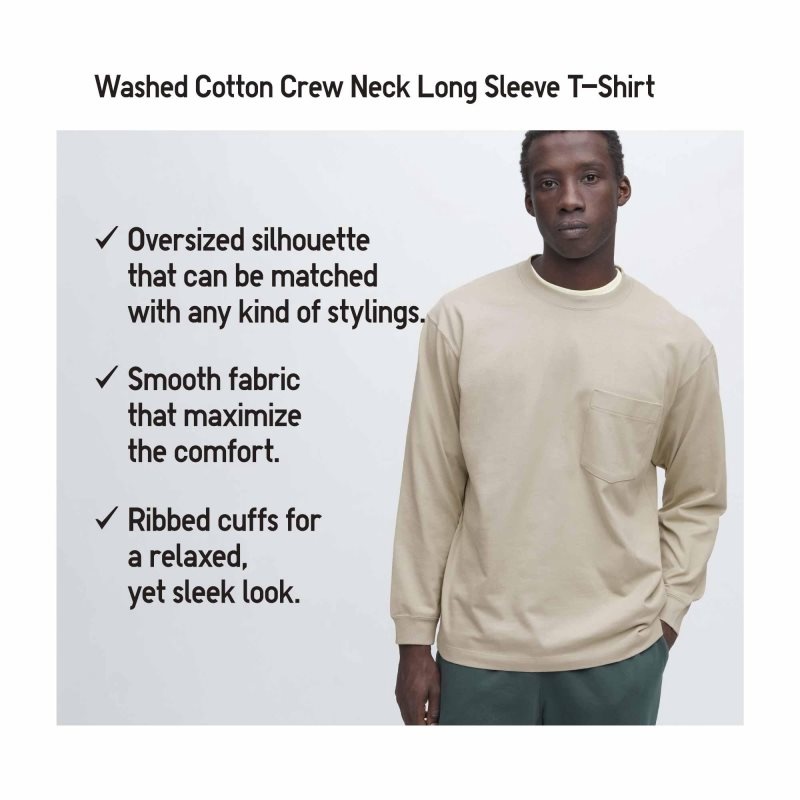 Navy Uniqlo Washed Cotton Crew Neck Long-sleeve Men T Shirts | 9220185