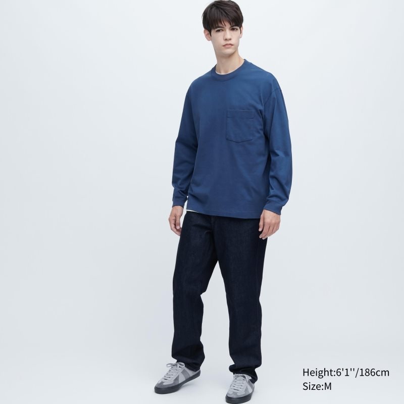 Navy Uniqlo Washed Cotton Crew Neck Long-sleeve Men T Shirts | 9220185