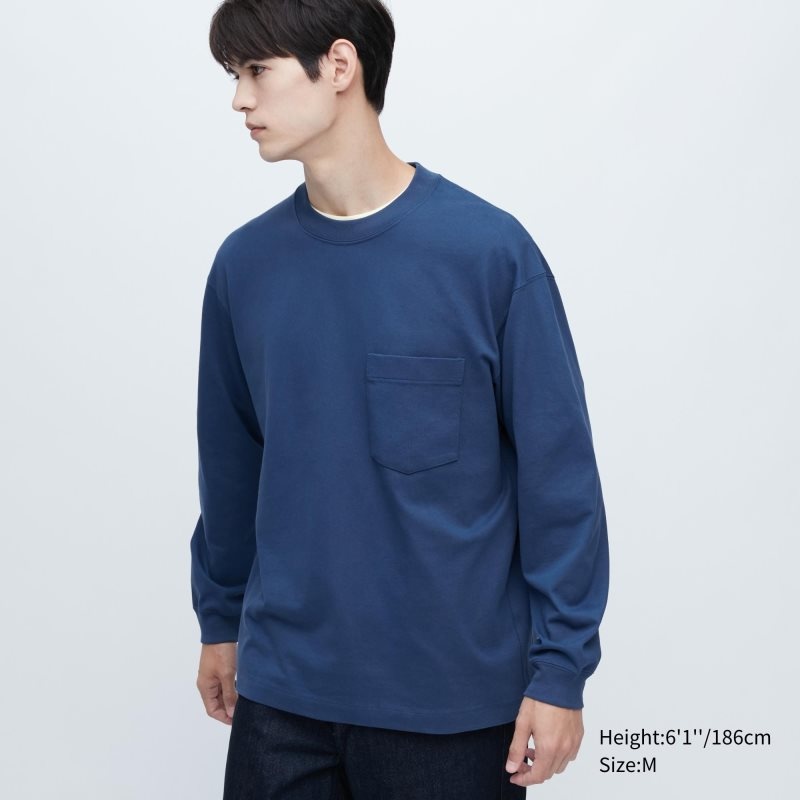 Navy Uniqlo Washed Cotton Crew Neck Long-sleeve Men T Shirts | 9220185