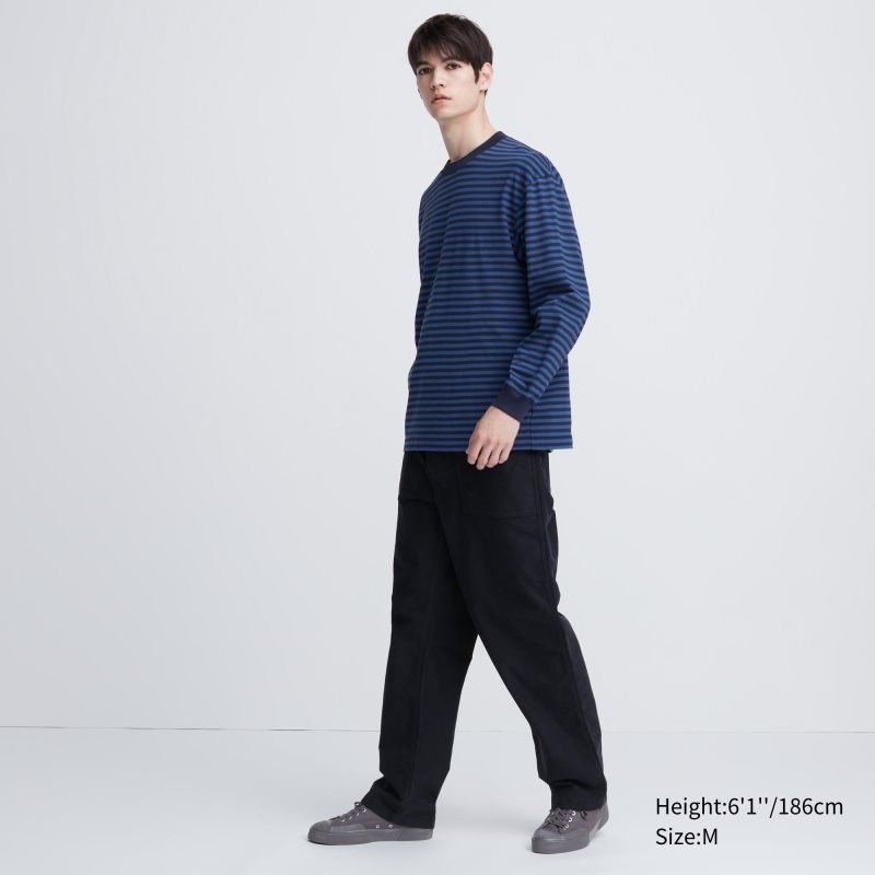 Navy Uniqlo Washed Cotton Oversized Crew Neck Long-sleeve Striped Men T Shirts | 5184778