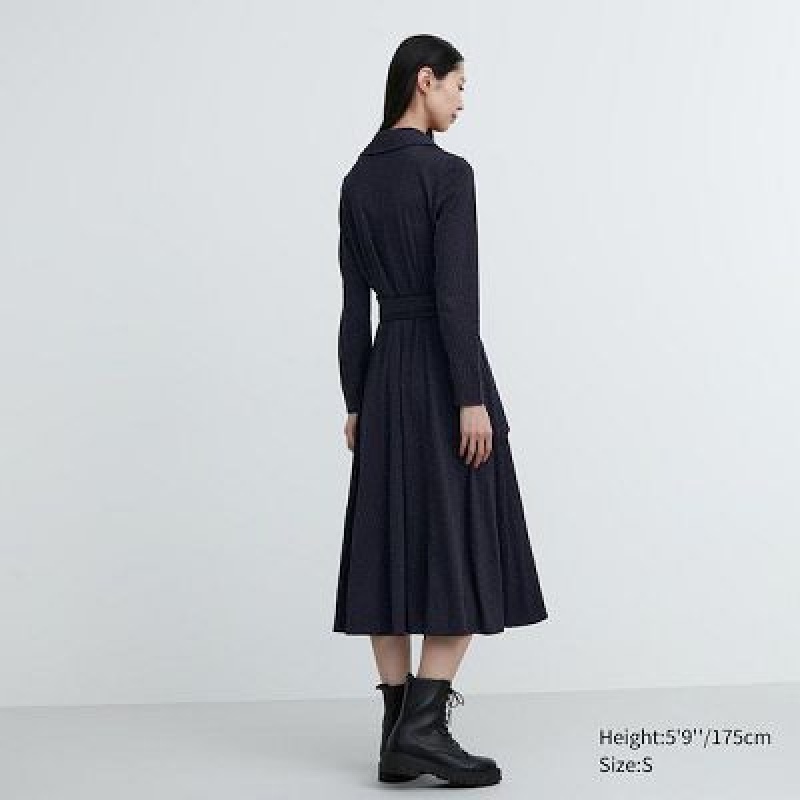 Navy Uniqlo Wrap Long-Sleeve Women Dress | 6755989