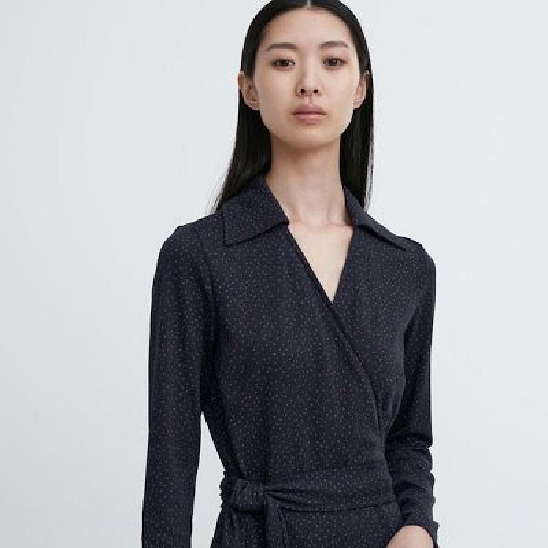 Navy Uniqlo Wrap Long-Sleeve Women Dress | 6755989