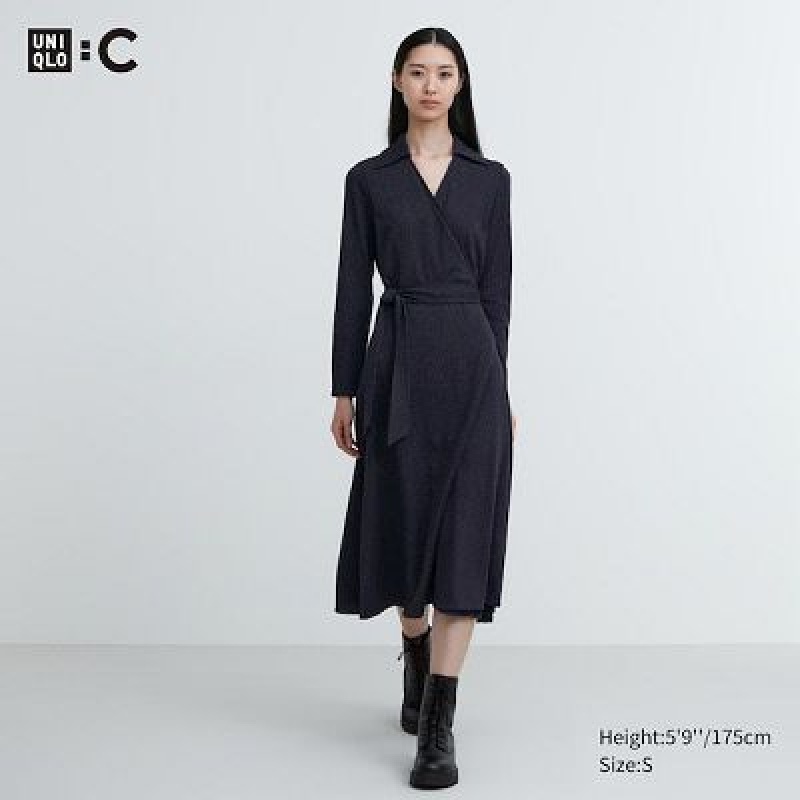 Navy Uniqlo Wrap Long-Sleeve Women Dress | 6755989
