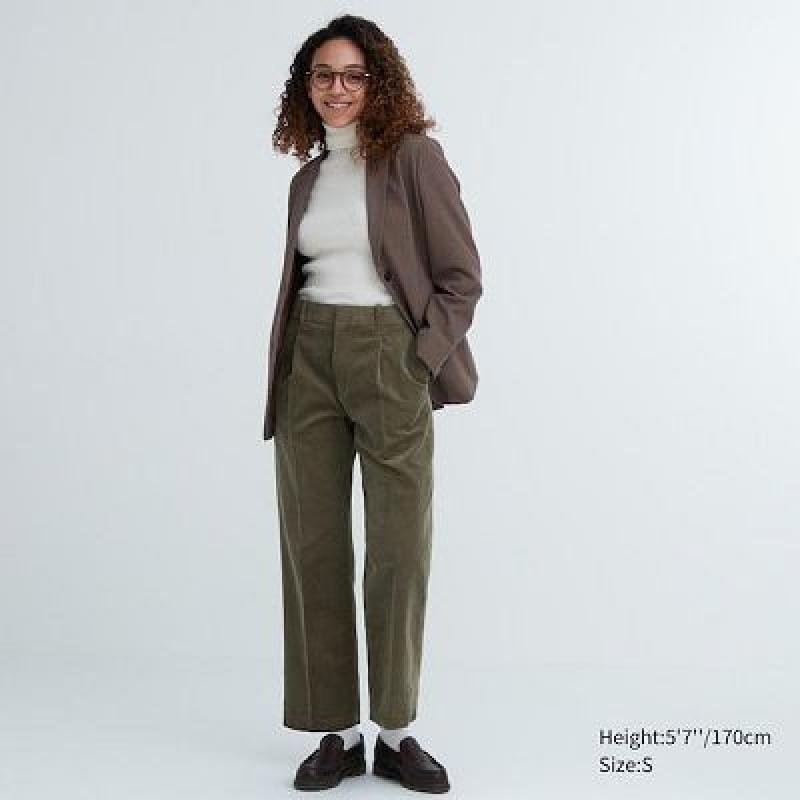 Olive Uniqlo Corduroy Wide-Fit Pleated Women Pants | 9929212
