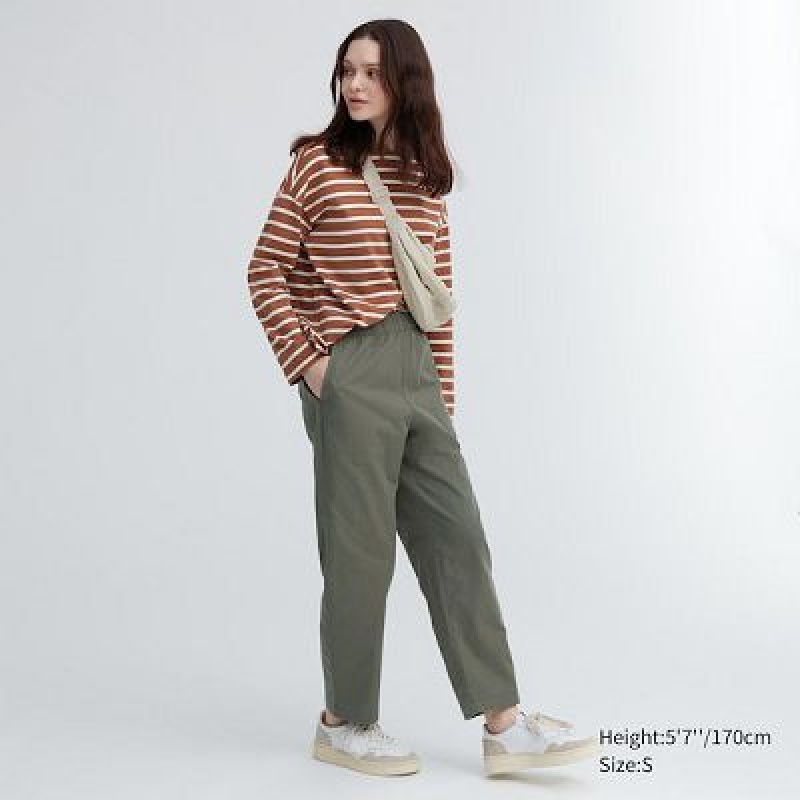 Olive Uniqlo Cotton Relaxed Ankle Women Pants | 1709193