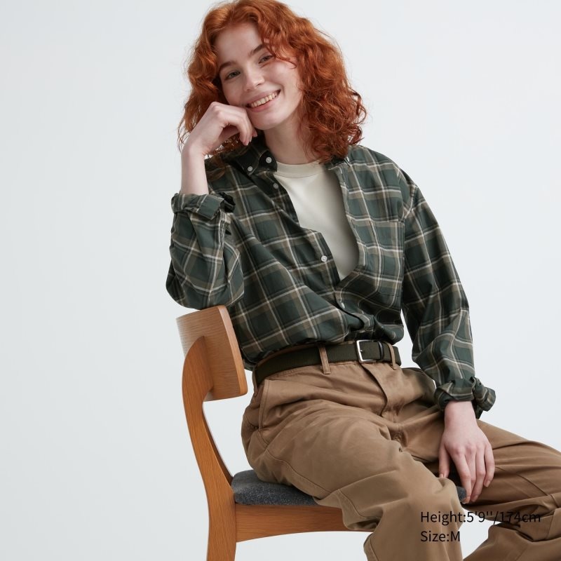 Olive Uniqlo Extra Fine Cotton Broadcloth Checked Long-sleeve Men Shirts | 6669856