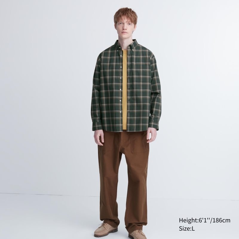 Olive Uniqlo Extra Fine Cotton Broadcloth Checked Long-sleeve Men Shirts | 6669856
