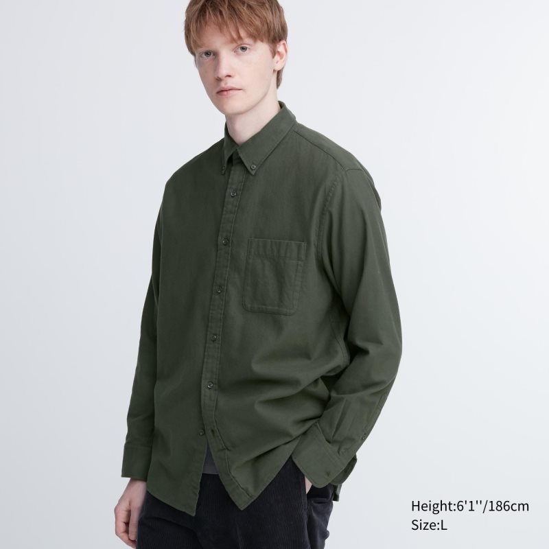 Olive Uniqlo Flannel Long-Sleeve Men Shirts | 9408917