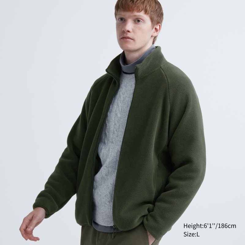 Olive Uniqlo Fleece Long-sleeve Full-zip Men Jackets | 8067956