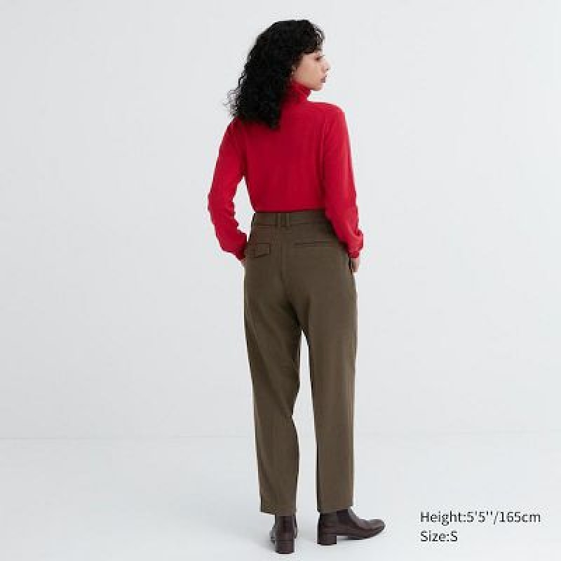 Olive Uniqlo HEATTECH Pleated Tapered Women Pants | 7685622