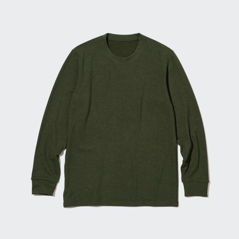 Olive Uniqlo HEATTECH Ultra Warm Crew Neck Long-Sleeve Men T Shirts | 244444