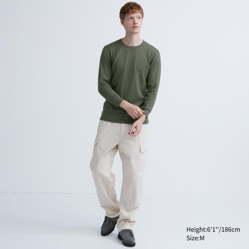 Olive Uniqlo Heattech Cotton Waffle Crew Neck Extra Warm Men T Shirts | 3877438