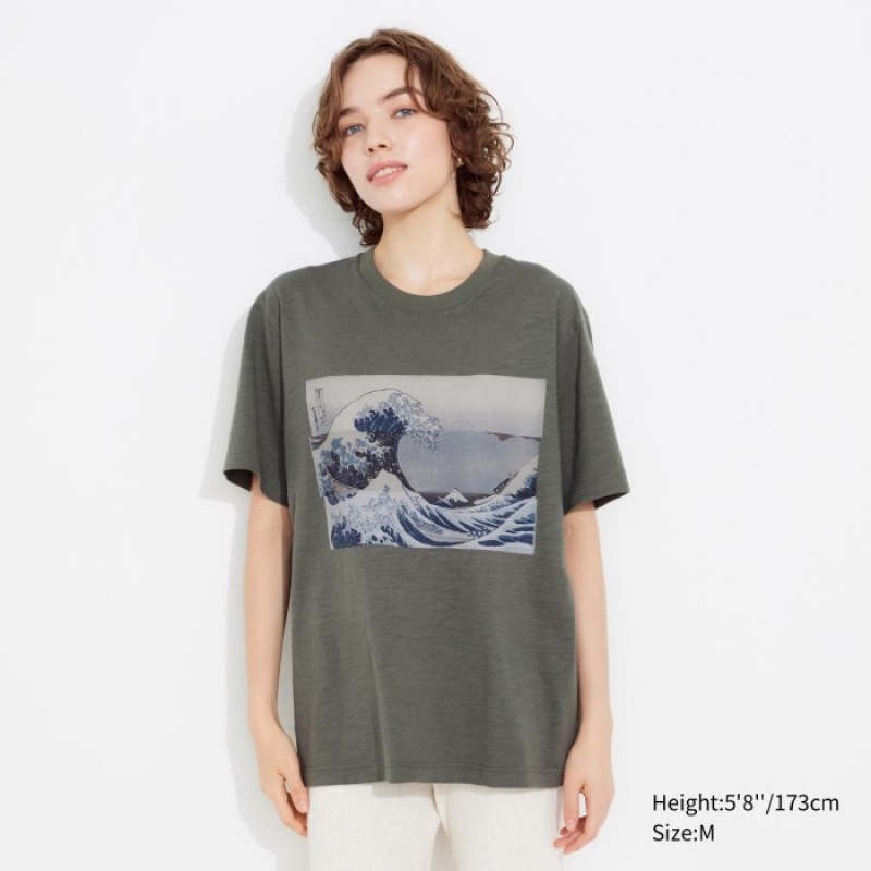 Olive Uniqlo Hokusai UT Short Sleeve Women T Shirts | 8120422