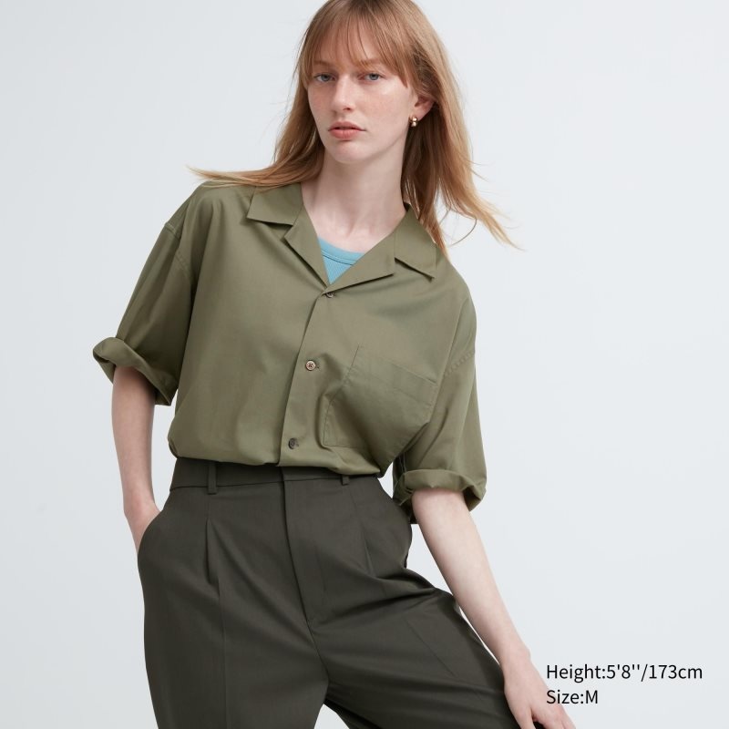 Olive Uniqlo Open Collar Short-sleeve Men Shirts | 9390904