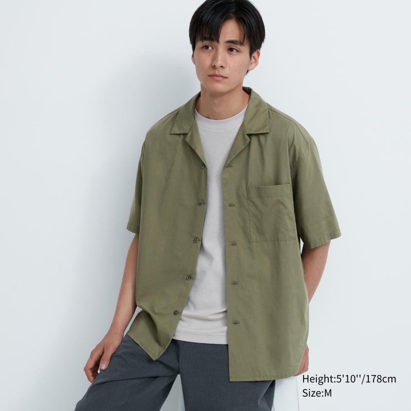 Olive Uniqlo Open Collar Short-sleeve Men Shirts | 9390904
