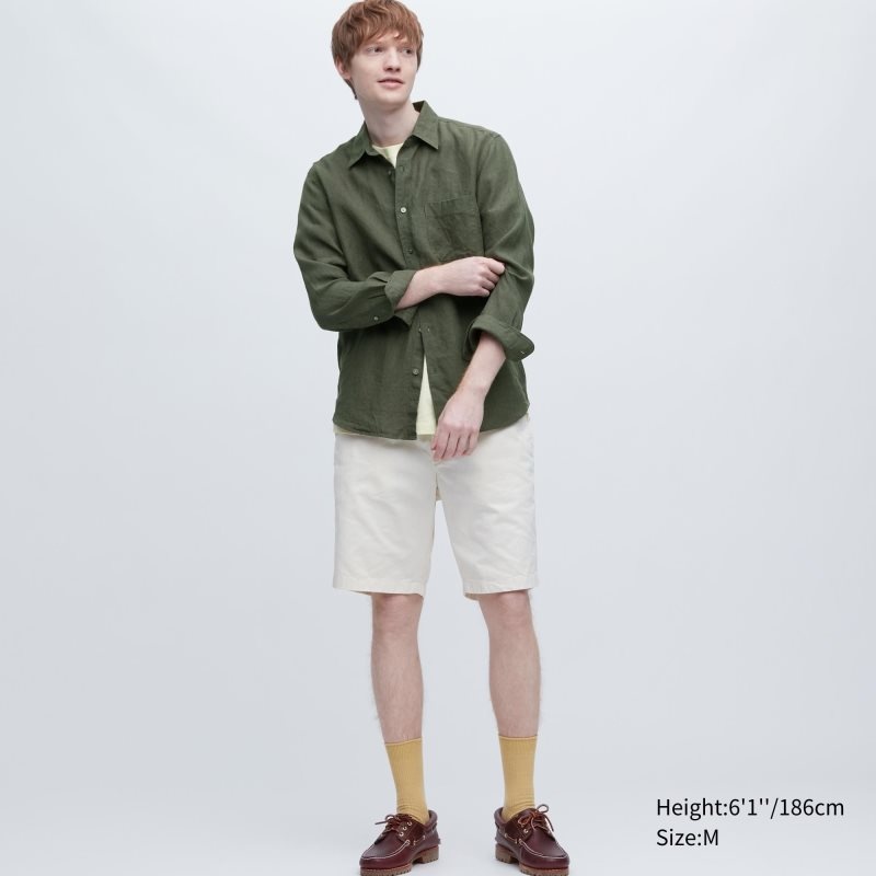 Olive Uniqlo Premium Linen Long-sleeve Men Shirts | 6894578
