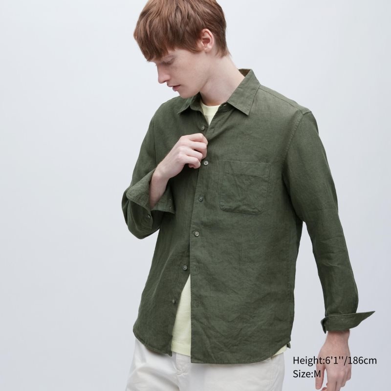 Olive Uniqlo Premium Linen Long-sleeve Men Shirts | 6894578