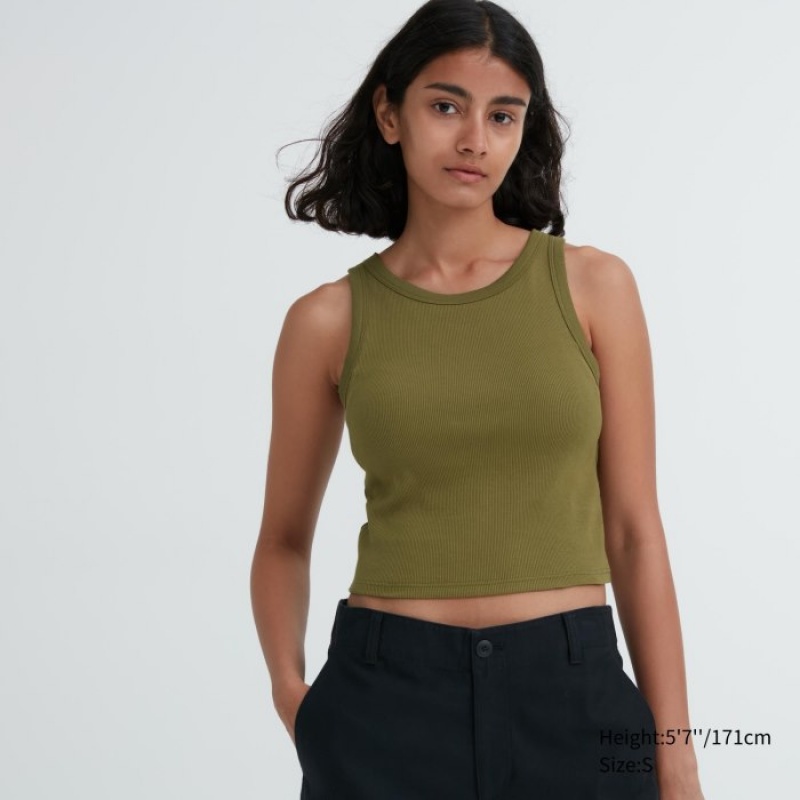 Olive Uniqlo Ribbed Cropped Sleeveless Women Tank Top | 9534735