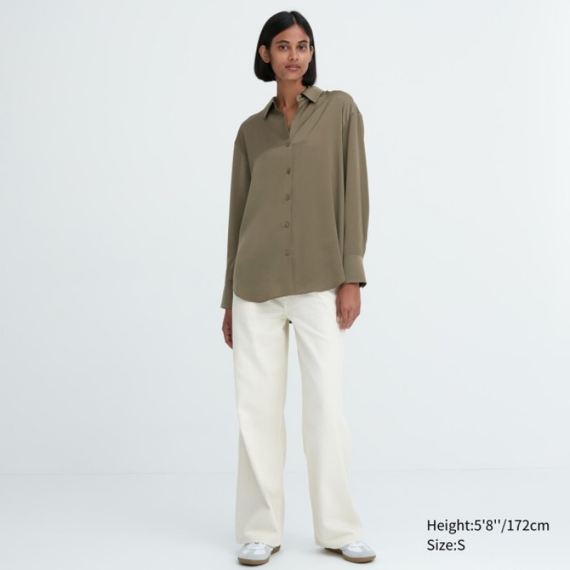 Olive Uniqlo Satin Long-Sleeve Women Blouse | 3009253