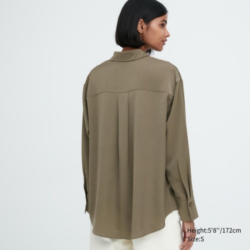 Olive Uniqlo Satin Long-Sleeve Women Blouse | 3009253