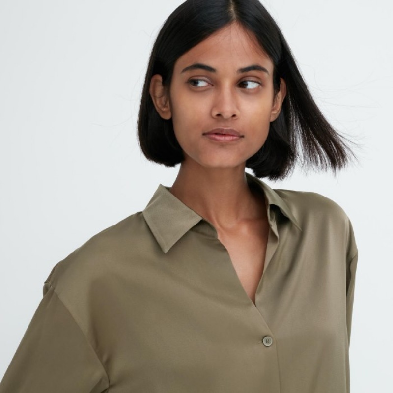 Olive Uniqlo Satin Long-Sleeve Women Blouse | 3009253