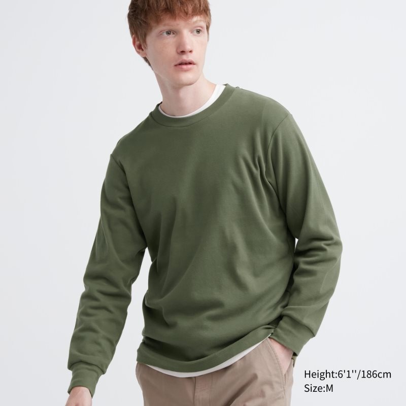 Olive Uniqlo Soft Brushed Crew Neck Long-sleeve Men T Shirts | 986625