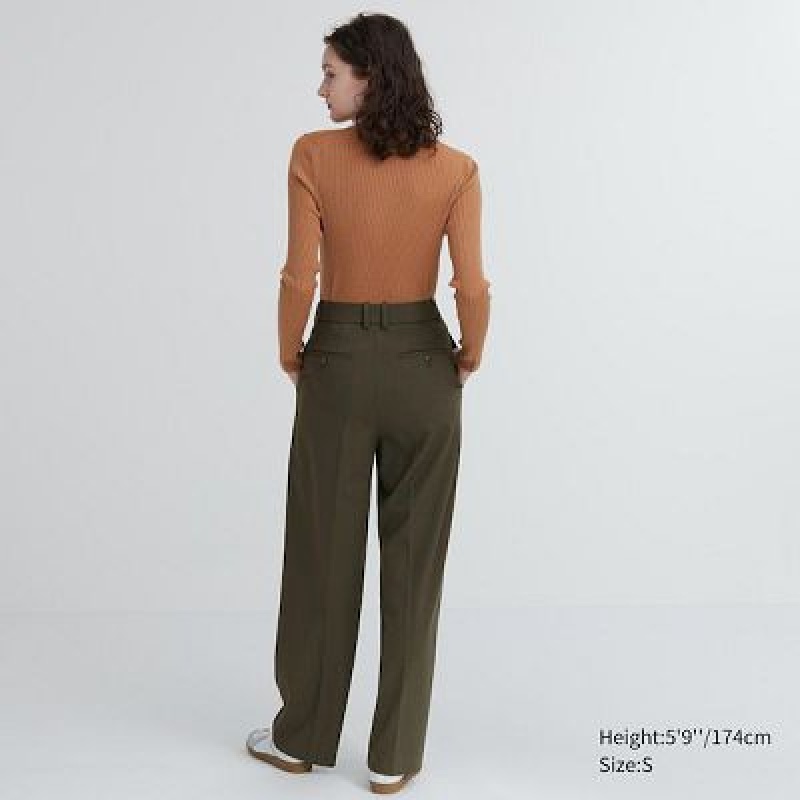 Olive Uniqlo Wide-Fit Pleated Women Pants | 9208871