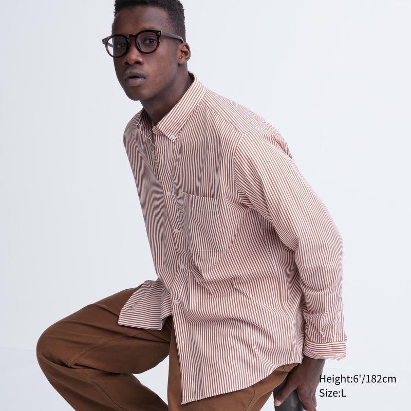 Orange Uniqlo Extra Fine Cotton Broadcloth Striped Long-sleeve Men Shirts | 1950235