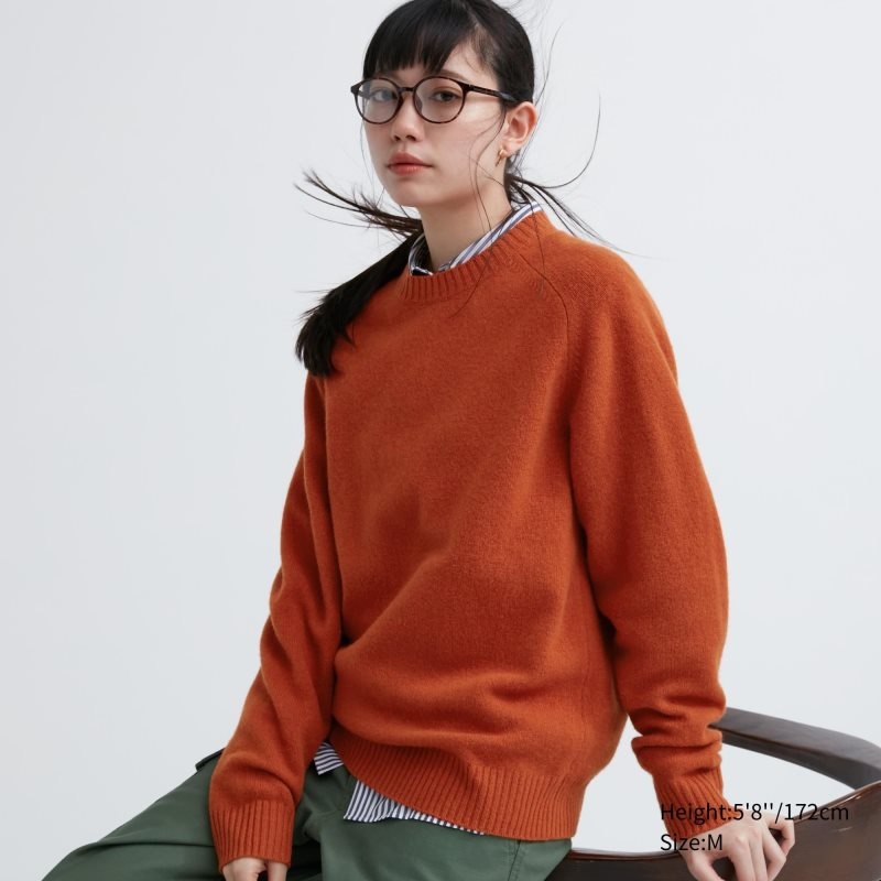 Orange Uniqlo Premium Lambswool Crew Neck Long Sleeve Men Sweaters | 69383