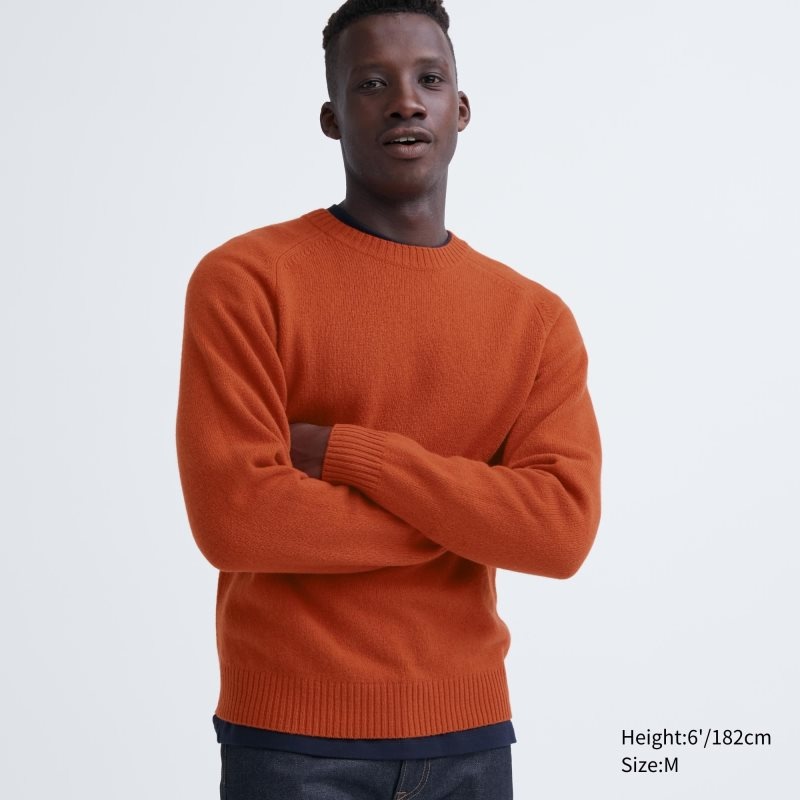 Orange Uniqlo Premium Lambswool Crew Neck Long Sleeve Men Sweaters | 69383