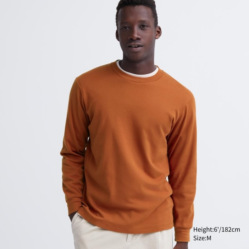 Orange Uniqlo Soft Brushed Crew Neck Long-sleeve Men T Shirts | 8441424