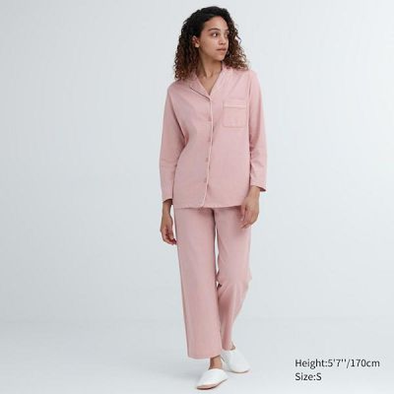 Pink Uniqlo AIRism Cotton Long-Sleeve Women Pajamas | 5668096