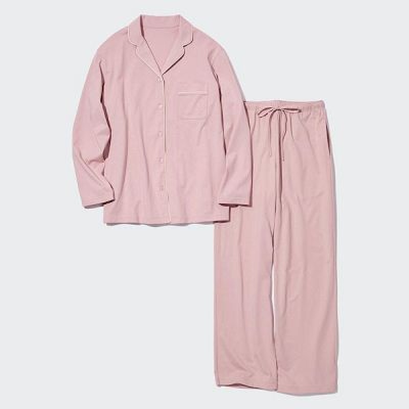 Pink Uniqlo AIRism Cotton Long-Sleeve Women Pajamas | 5668096