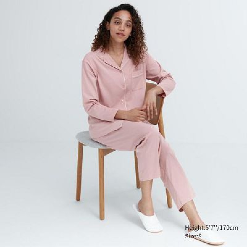 Pink Uniqlo AIRism Cotton Long-Sleeve Women Pajamas | 5668096