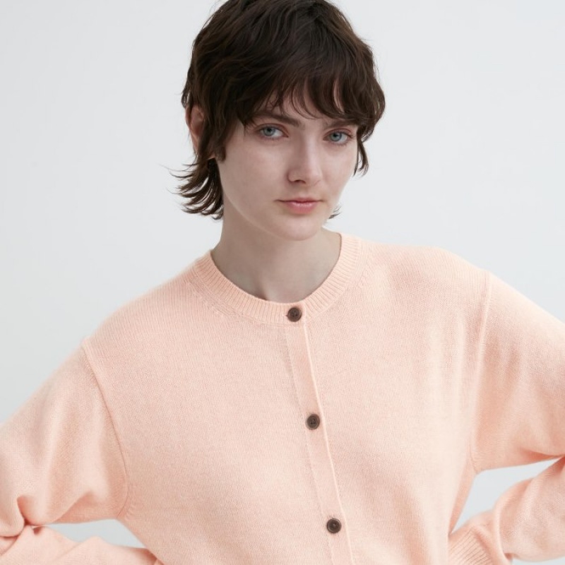 Pink Uniqlo Cashmere Crew Neck Long-Sleeve Short Women Cardigan | 3790854
