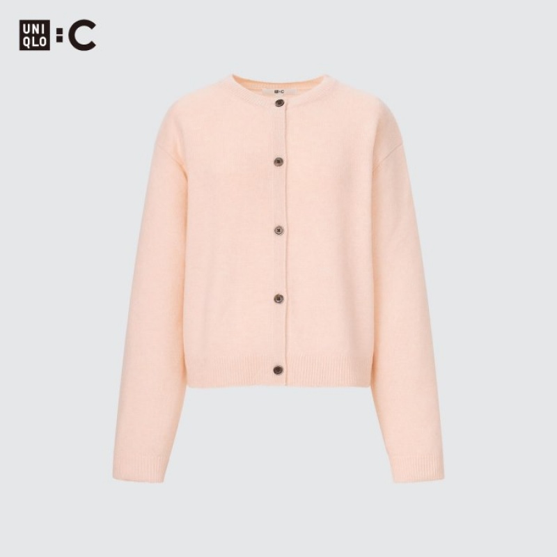 Pink Uniqlo Cashmere Crew Neck Long-Sleeve Short Women Cardigan | 3790854
