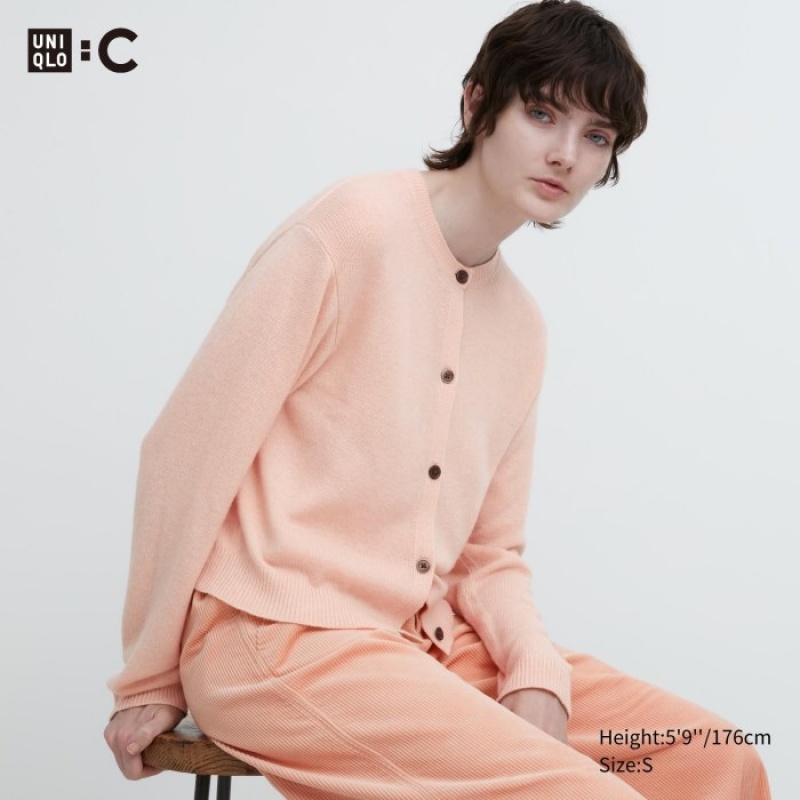 Pink Uniqlo Cashmere Crew Neck Long-Sleeve Short Women Cardigan | 3790854