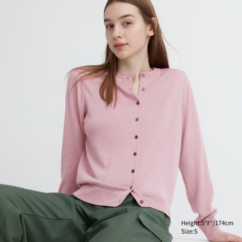 Pink Uniqlo Extra Fine Merino Crew Neck Women Cardigan | 2529736