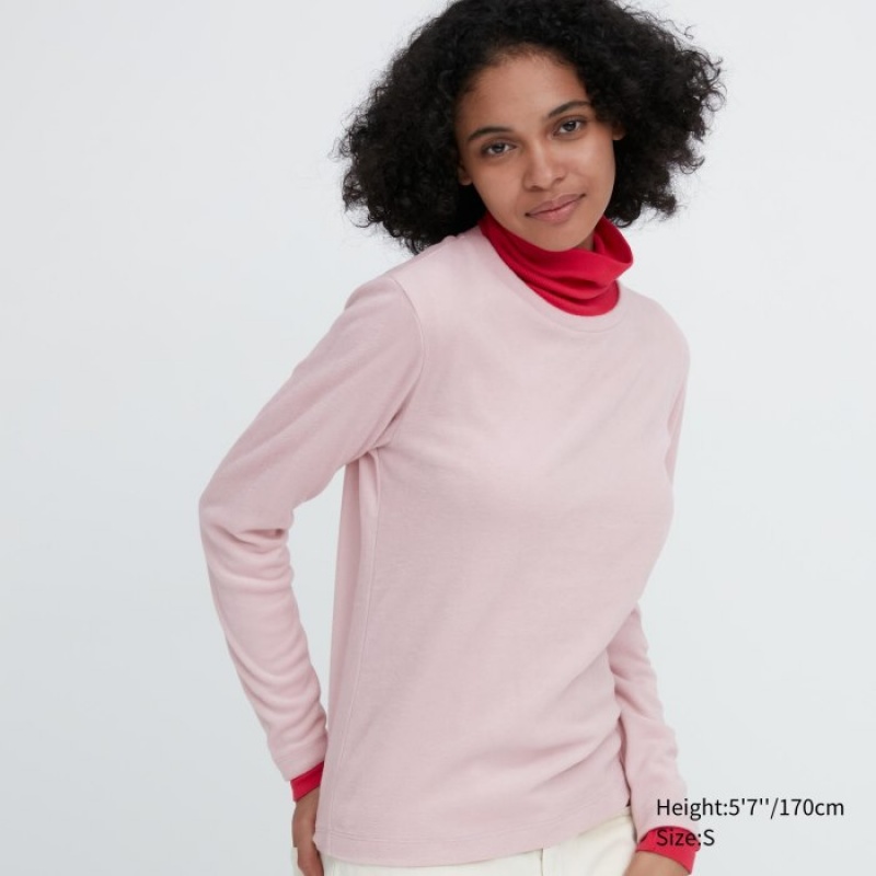 Pink Uniqlo HEATTECH Fleece Crew Neck Long-Sleeve Women T Shirts | 6189671