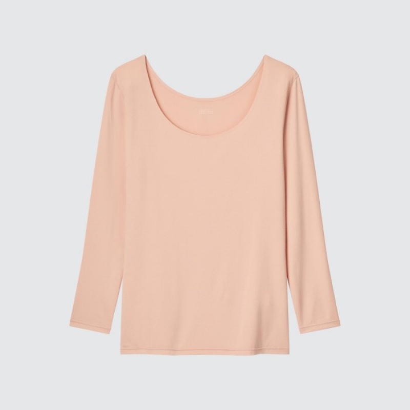 Pink Uniqlo HEATTECH Scoop Neck Long-Sleeve Women T Shirts | 8999511