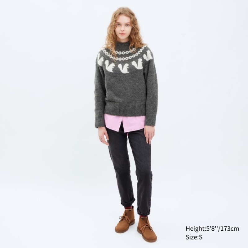 Pink Uniqlo Jacquard Crew Neck Long-Sleeve Women Sweaters | 4730749