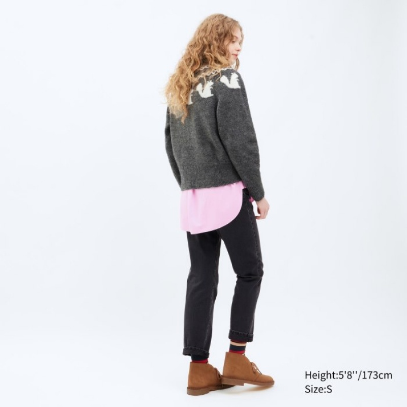Pink Uniqlo Jacquard Crew Neck Long-Sleeve Women Sweaters | 4730749