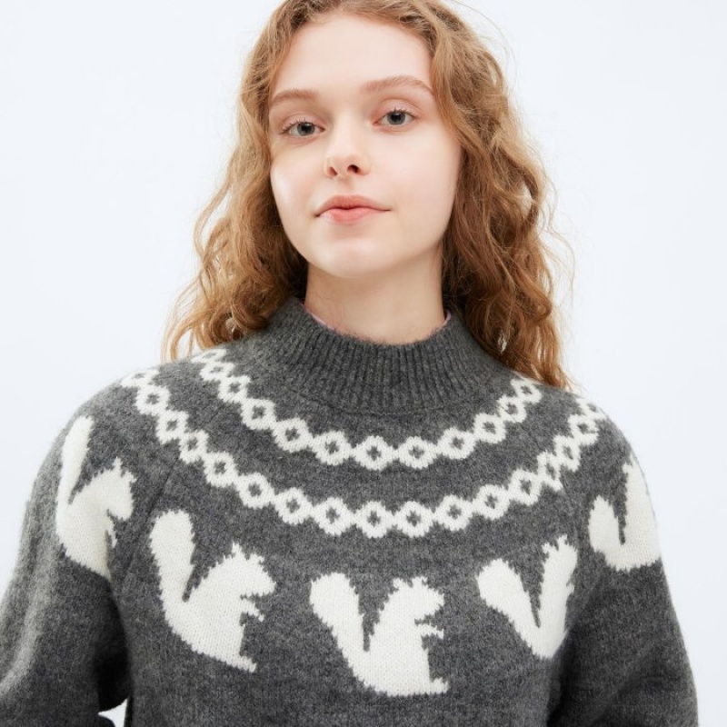 Pink Uniqlo Jacquard Crew Neck Long-Sleeve Women Sweaters | 4730749