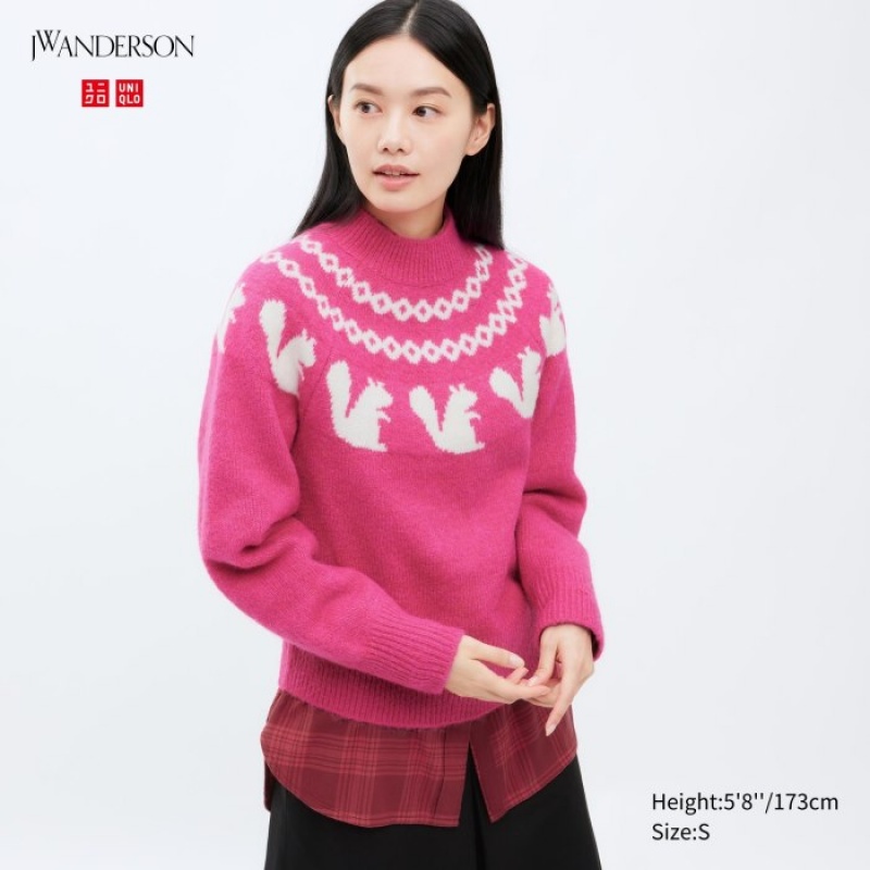 Pink Uniqlo Jacquard Crew Neck Long-Sleeve Women Sweaters | 4730749