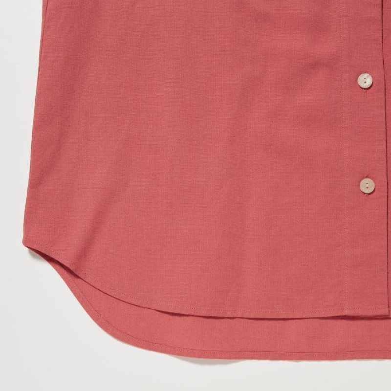 Pink Uniqlo Linen Blend Open Collar Short-Sleeve Women Shirts | 579458