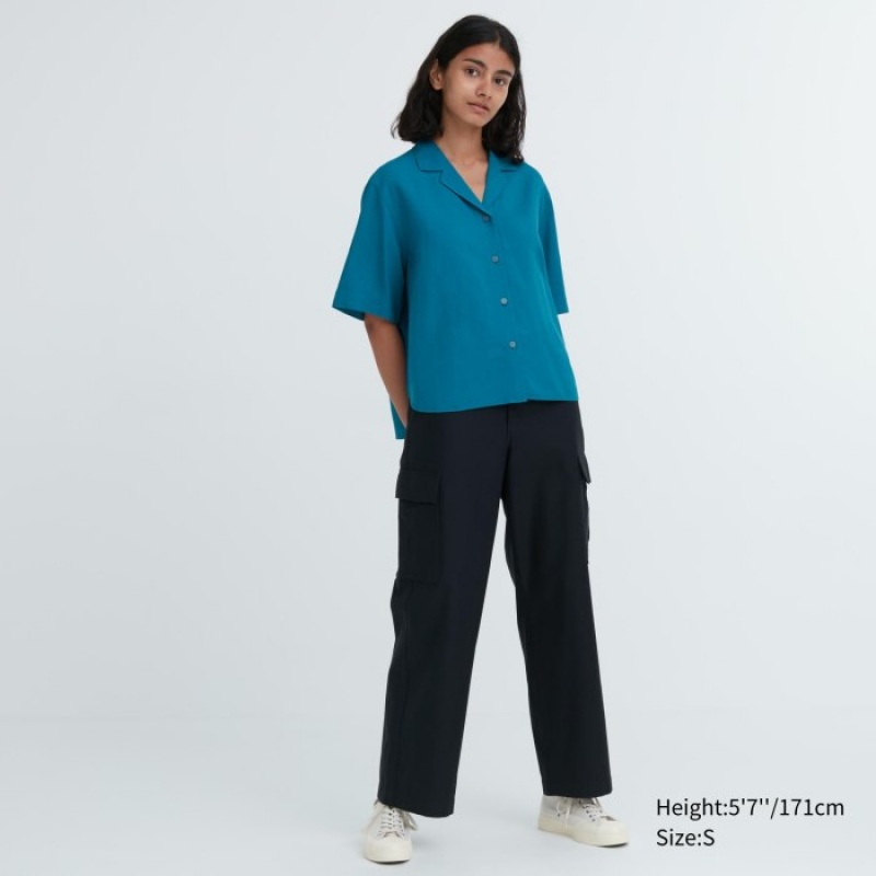 Pink Uniqlo Linen Blend Open Collar Short-Sleeve Women Shirts | 579458