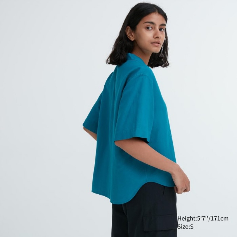 Pink Uniqlo Linen Blend Open Collar Short-Sleeve Women Shirts | 579458