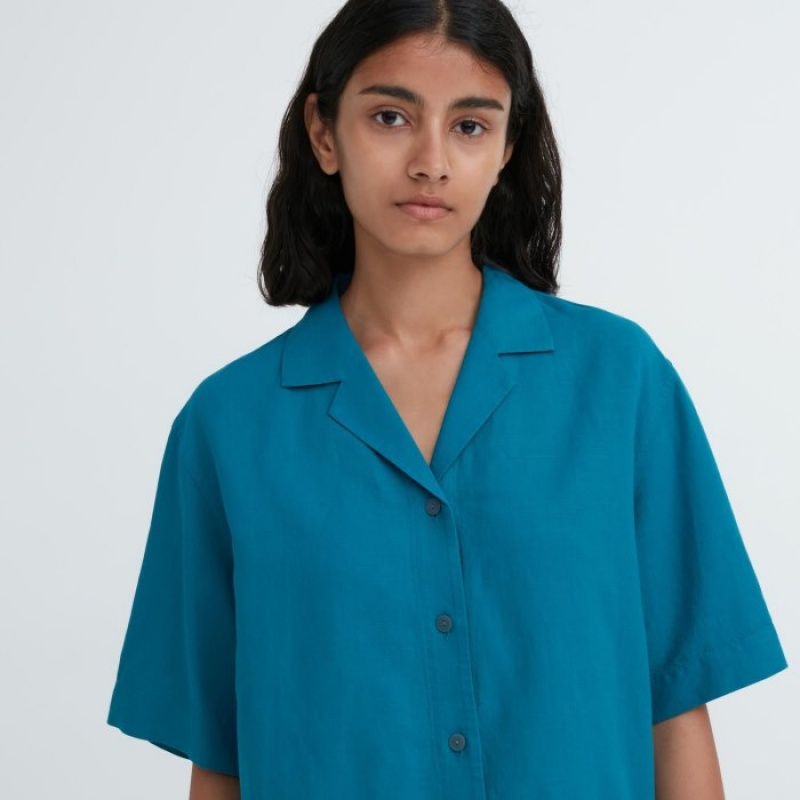 Pink Uniqlo Linen Blend Open Collar Short-Sleeve Women Shirts | 579458