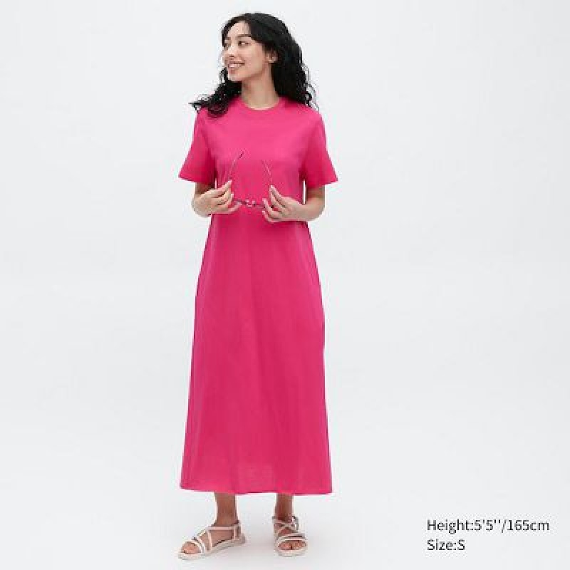 Pink Uniqlo Mercerized Cotton Short-Sleeve A-Line Women Dress | 2126805
